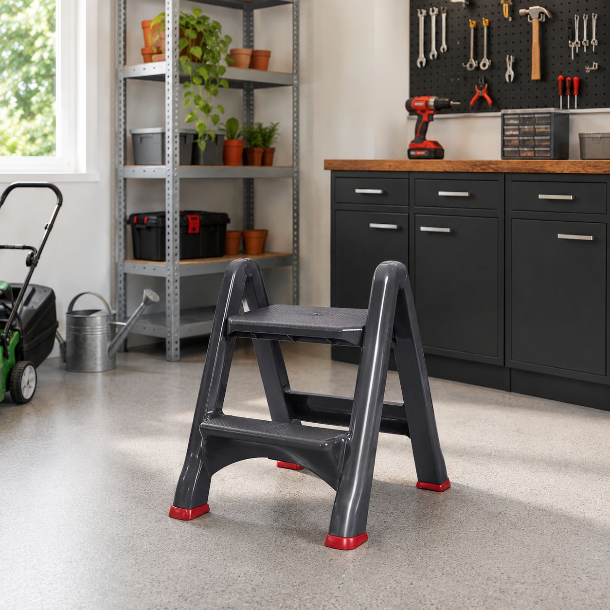 Keter Foldable 2-Step Stool - Supports Up to 330 lb, Anti-Slip Feet, Grey/Graphite