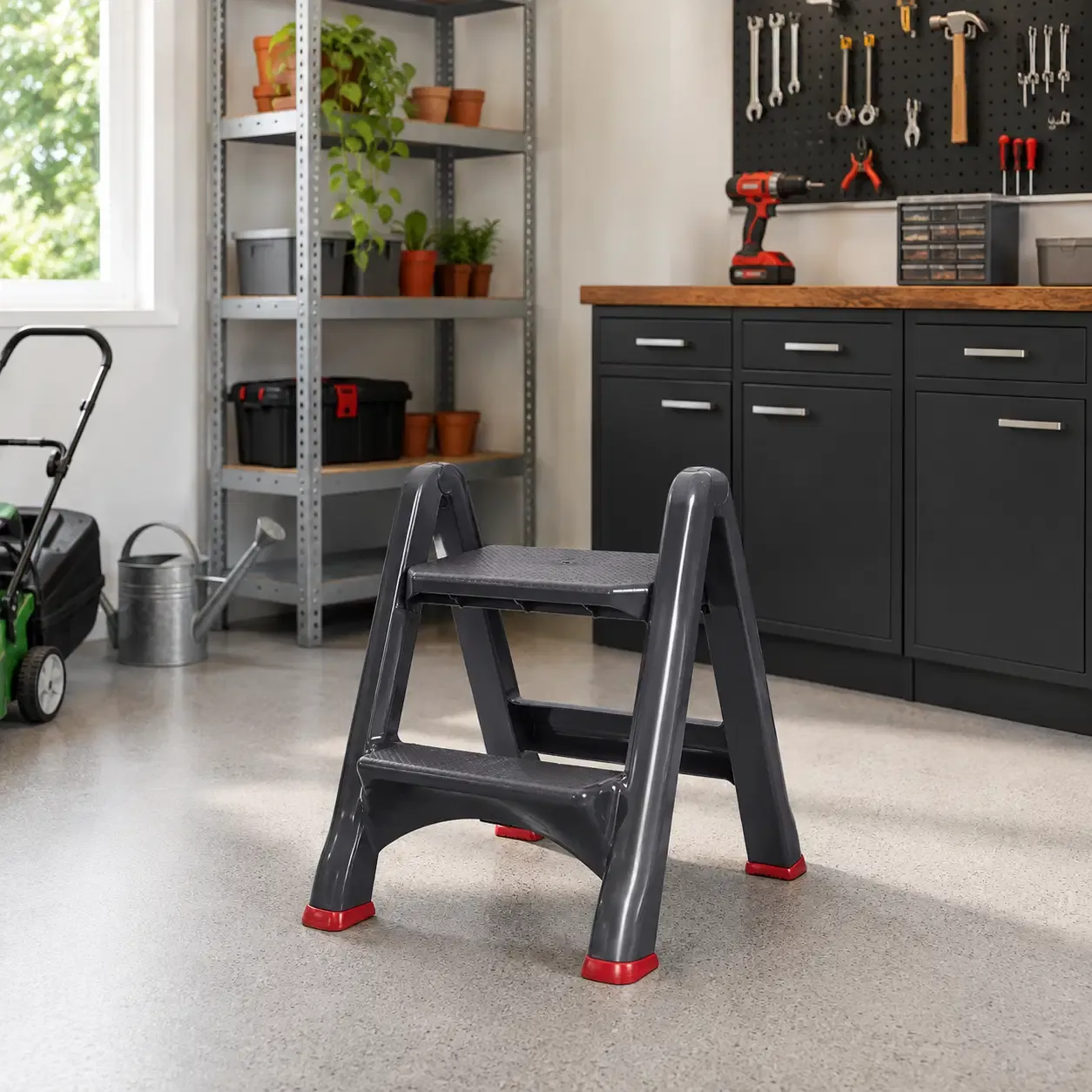 Keter Foldable 2-Step Stool - Supports Up to 330 lb, Anti-Slip Feet, Grey/Graphite