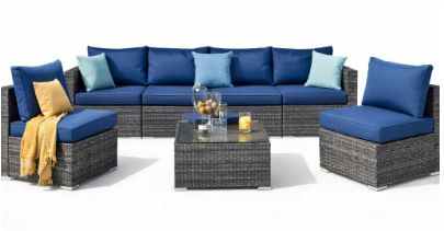LIBRA 7 Pieces Patio Sofa Set, Color: Grey &amp; Navy