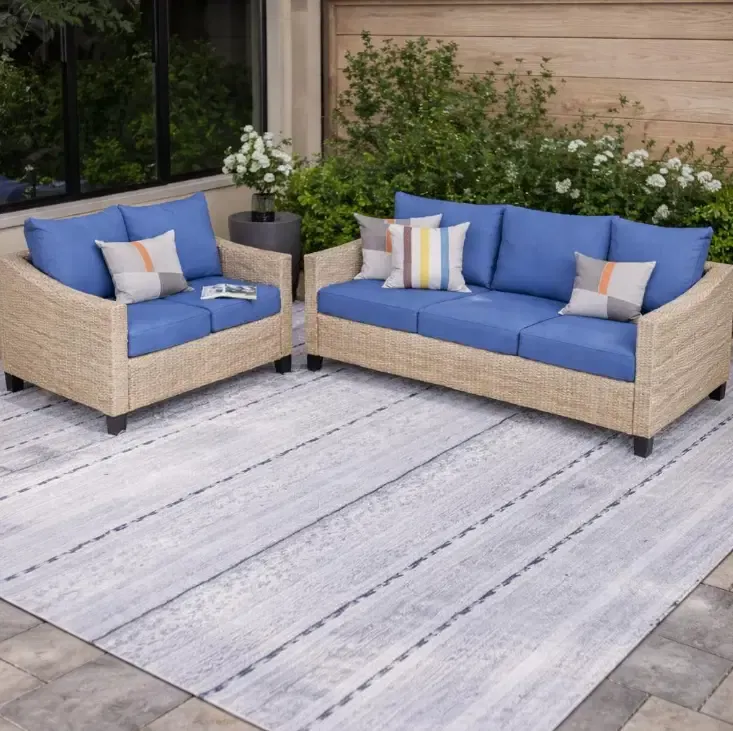 Sanstar 5-Piece Wicker Patio Sofa Conversation Set – Weather-Resistant PE Rattan, Modular Outdoor Sectional, Khaki &amp; Orange Cushions (LRS-WS83LY / HNE-WS83LY), Color: Khaki &amp; Navy