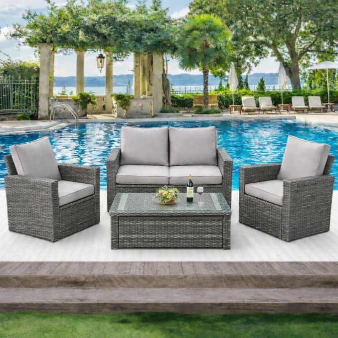 MALIBU 4 Piece Outdoor Wicker Sofa Set, Color: LIght Grey &amp; Grey