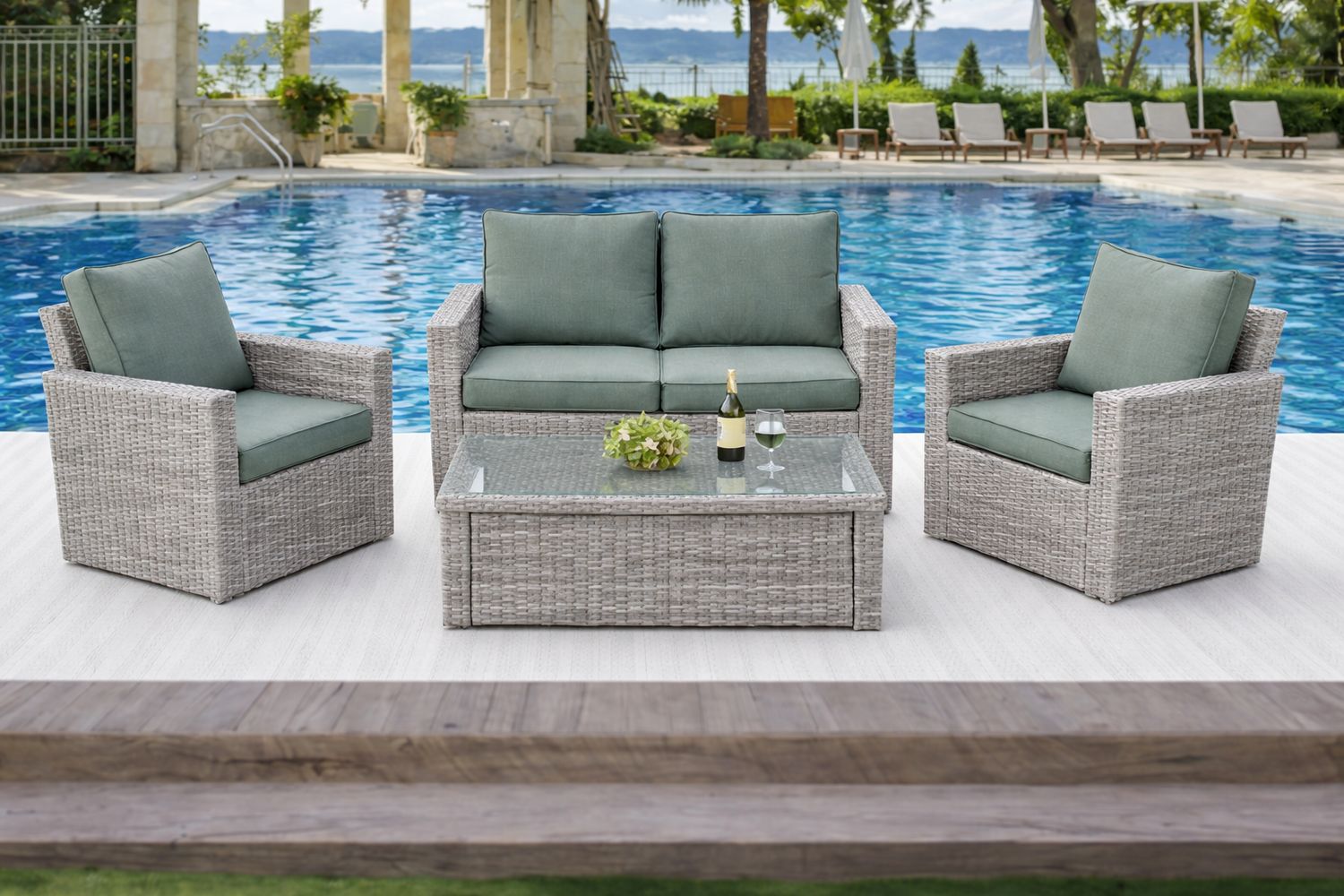 MALIBU 4 Piece Outdoor Wicker Sofa Set, Color: Light Grey &amp; Cushion Green