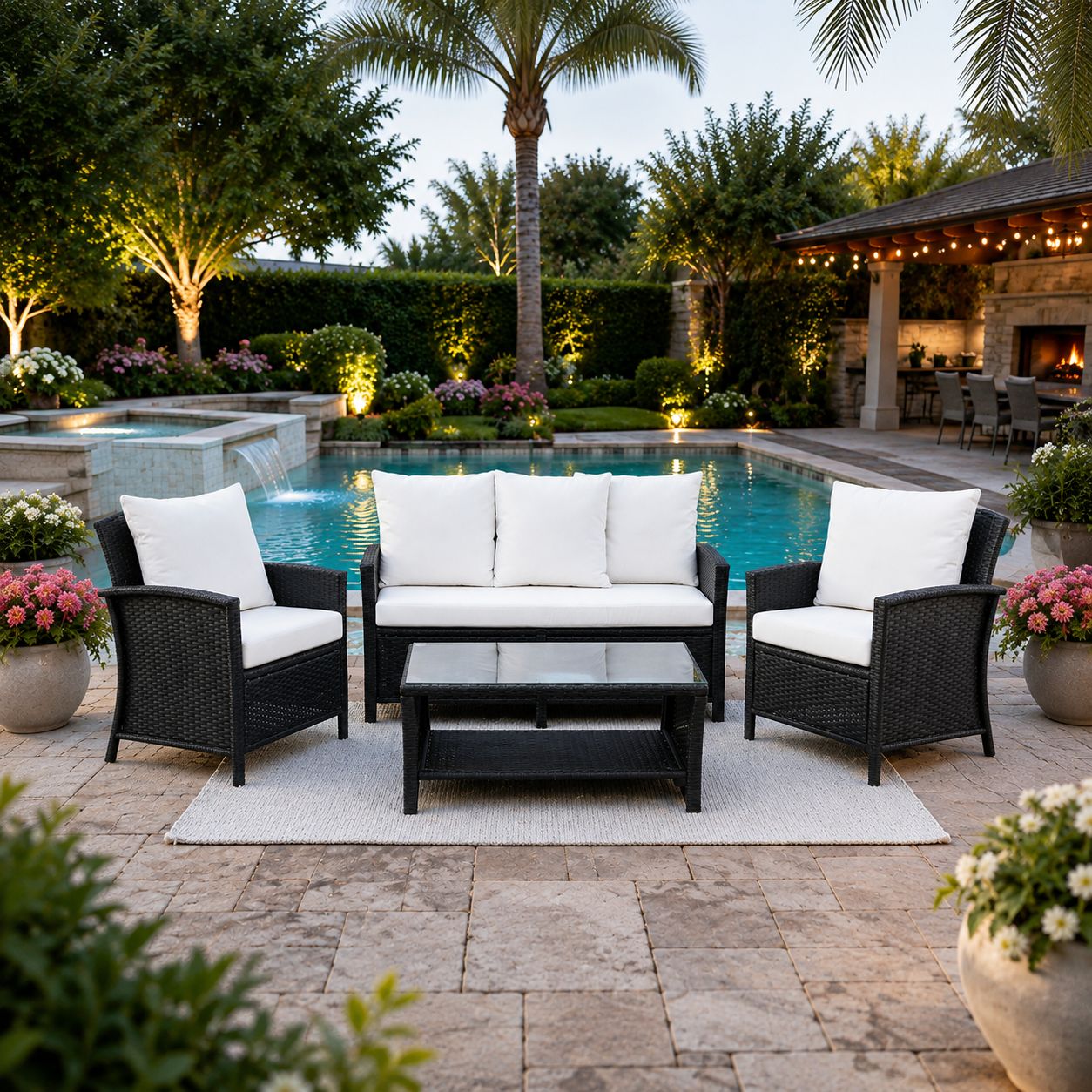 Newport 4-Piece Outdoor Wicker Sofa Set with Coffee Table and Thick 3.14-Inch Cushions - Brown (509429BRN)