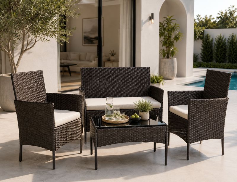 Sobia 4-Piece Outdoor Patio Garden Conversation Set – Loveseat, 2 Armchairs &amp; Tempered-Glass Coffee Table, Seats 4, Brown &amp; Beige (ASL-2512-330-Brown)