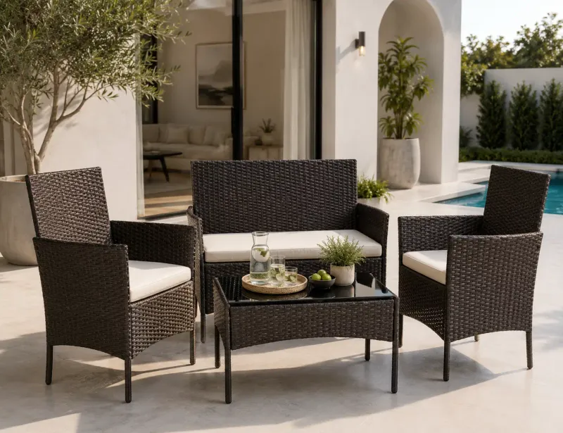 Sobia 4-Piece Outdoor Patio Garden Conversation Set – Loveseat, 2 Armchairs &amp; Tempered-Glass Coffee Table, Seats 4, Brown &amp; Beige (ASL-2512-330-Brown)