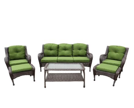 Arcline 6-Piece Coffee &amp; Orange Wicker Patio Conversation Set with Swivel Glider Chairs, 3-Seat Sofa &amp; Ottomans (CV1-BRGY), Color: Coffee &amp; Green