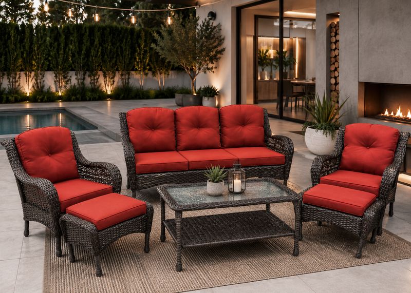 Arcline 6-Piece Coffee &amp; Orange Wicker Patio Conversation Set with Swivel Glider Chairs, 3-Seat Sofa &amp; Ottomans (CV1-BRGY)