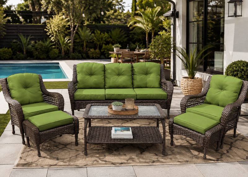 Arcline 6-Piece Coffee &amp; Orange Wicker Patio Conversation Set with Swivel Glider Chairs, 3-Seat Sofa &amp; Ottomans (CV1-BRGY)