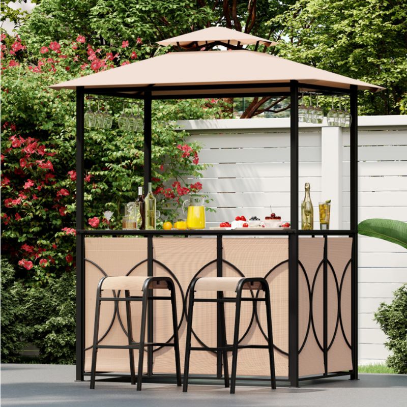 Costway 6.5×4×8 FT Grill Gazebo with Double-Tier Ventilated Roof, Bar Table &amp; 2 Stool Set - Beige