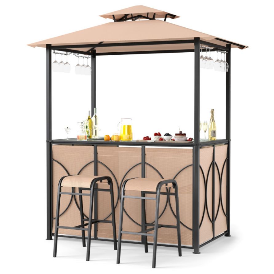 Costway 6.5×4×8 FT Grill Gazebo with Bar Table &amp; 2 Stool Set, Color: Beige