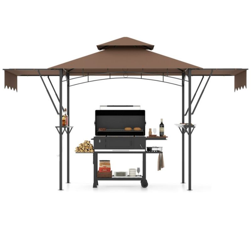 COSTWAY 13 x 5 Grill Gazebo with Dual Side Awnings and 2 Shelves Adjustable Shadow