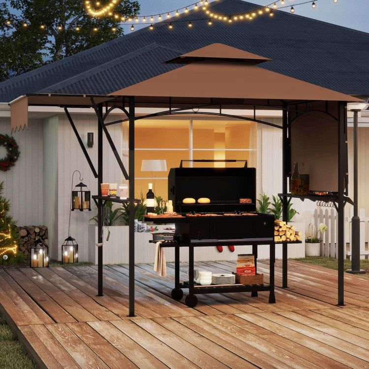 COSTWAY 13 x 5 Grill Gazebo with Dual Side Awnings and 2 Shelves Adjustable Shadow