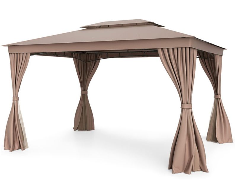 COSTWAY 10 x 13 Patio Gazebo Double Roof with Mesh Netting and Privacy Curtains