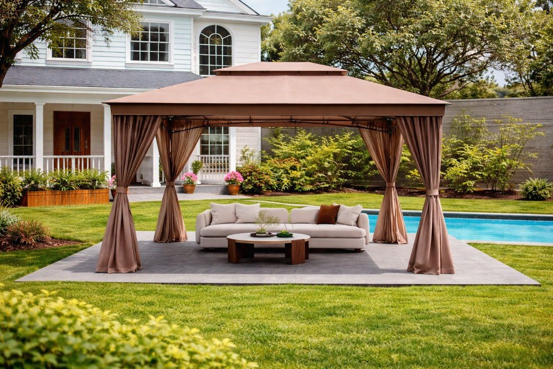 COSTWAY 10 x 13 Patio Gazebo Double Roof with Mesh Netting and Privacy Curtains
