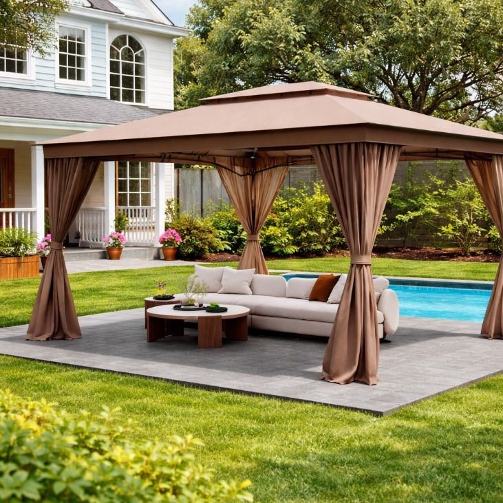 Costway 10 x 13 Patio Gazebo Double Roof with Mesh Netting and Privacy Curtains