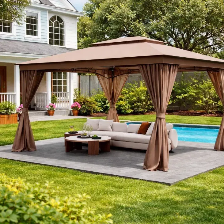 Costway 10 x 13 Ft Patio Gazebo, Double Roof Design with Mesh Netting and Privacy Curtains, Weather-Resistant Polyester Canopy, Powder-Coated Metal Frame