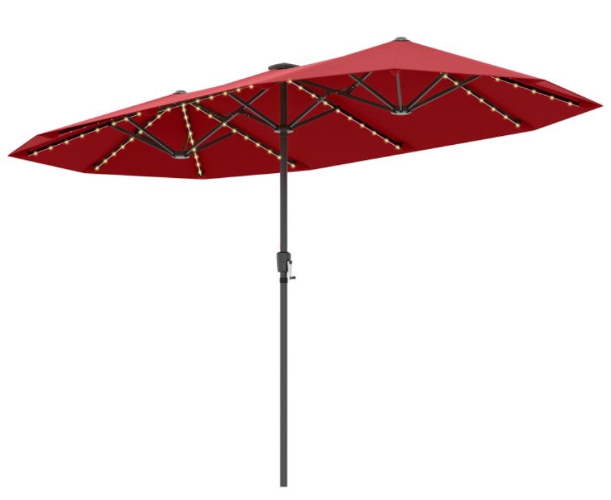 COSTWAY 13FT Double sided Patio Umbrella with Solar Lights, Color: Wine