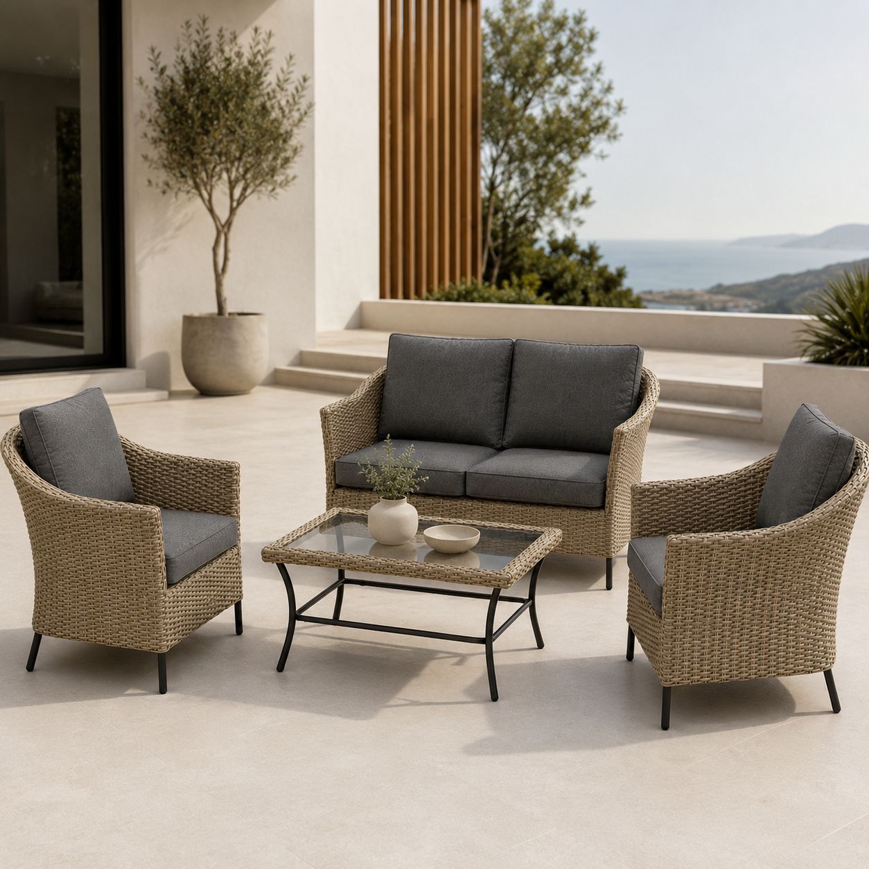 Think Patio Kahler Creek All-Weather Wicker 4-Piece Patio Furniture Set with Loveseat, 2 Club Chairs &amp; Glass-Top Coffee Table in Brown &amp; Gray (KC-4PC)