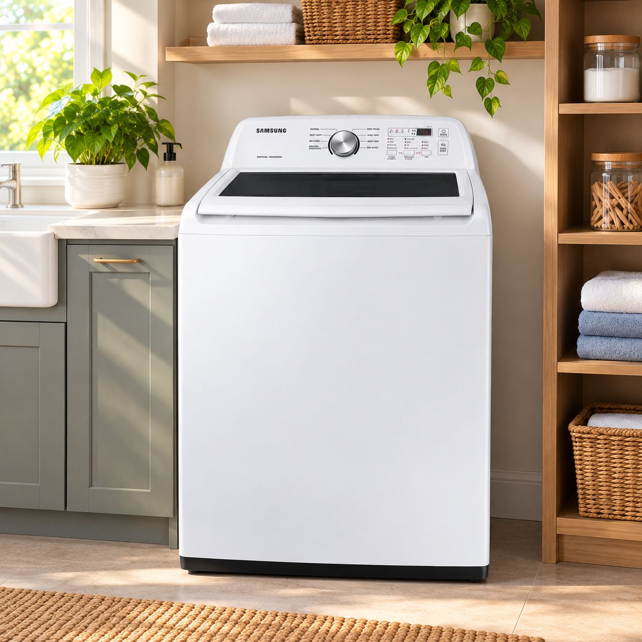 SAMSUNG 4.4 CU. FT. TOP LOAD WASHING MACHINE WITH ACTIVEWAVE™ AGITATOR, VIBRATION REDUCTION TECHNOLOGY+, SOFT-CLOSE LID, 8 WASH CYCLES AND SELF CLEAN, WHITE – WA44A3205AW