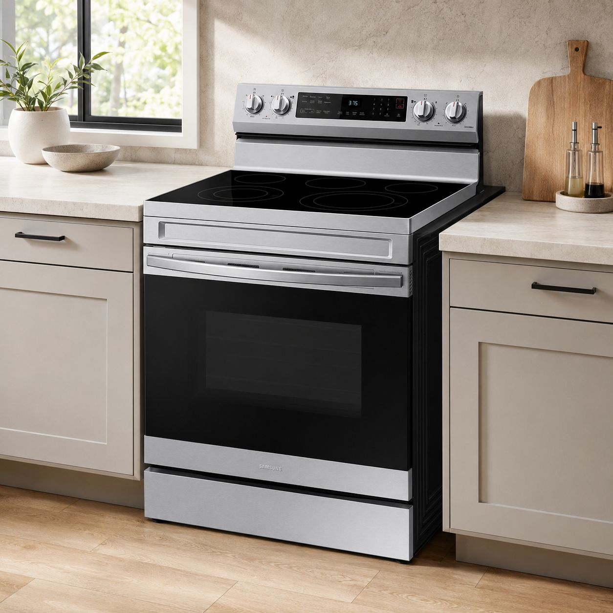 Samsung 30" Freestanding Electric Range with No-Preheat Air Fry, 6.3 Cu. Ft. Convection Oven, 5 Smoothtop Elements, Wi-Fi &amp; SmartThings, in Stainless Steel