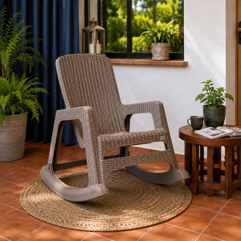 Sanchia Etna Rocking Chair with Armrests - Rattan-Look Indoor &amp; Outdoor Patio Chair, Taupe, 300 lb. Capacity (ETNA-TAU)
