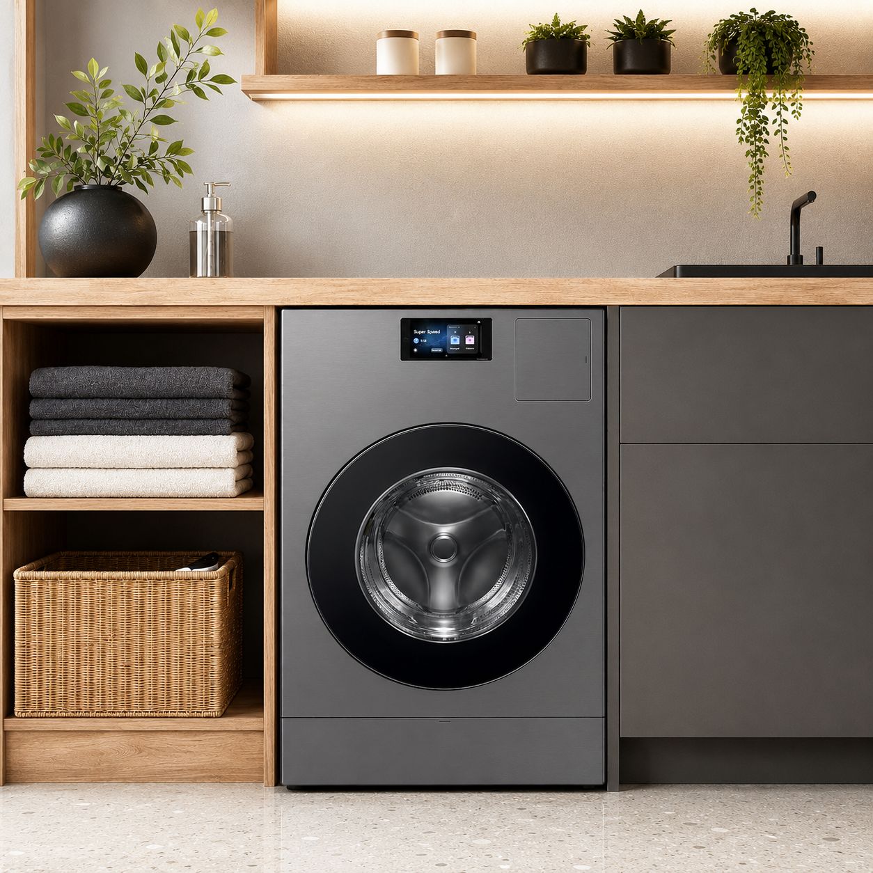 Samsung BESPOKE All-In-One Washer and Electric Dryer Vented Laundry Combo, 5.3 Cu. Ft., AI OptiWash &amp; Dry, AI Home, Steam Wash, Super Speed, SmartThings, Dark Steel