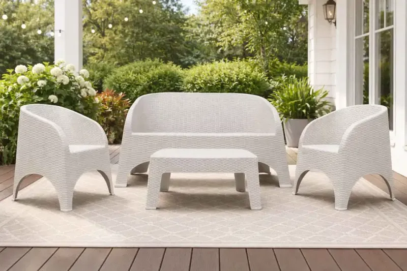 Sanchia 4-Piece Rattan Style Patio Conversation Set – Sofa, 2 Chairs &amp; Table SANCHIA 1854