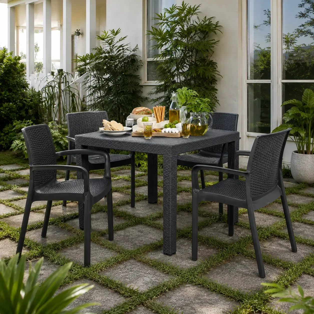Voss Fidji Patio Dining Table - Rattan-Inspired 35.4" Square Polypropylene Outdoor Table, UV Protection, Graphite