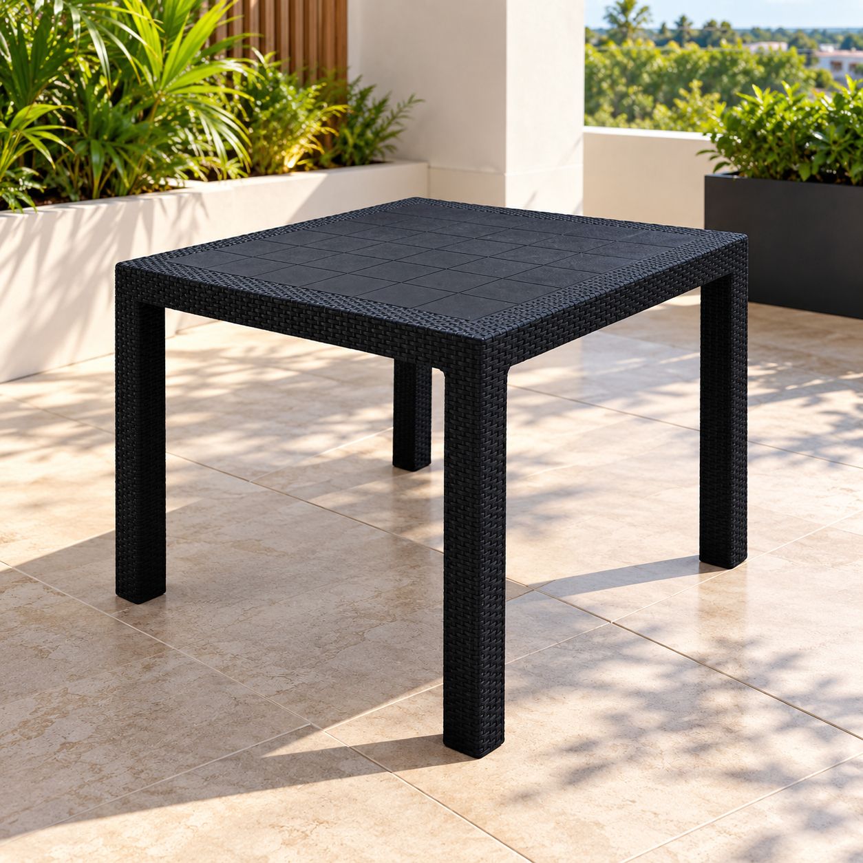 Voss Fidji Patio Dining Table - Rattan-Inspired 35.4" Square Polypropylene Outdoor Table, UV Protection, Graphite