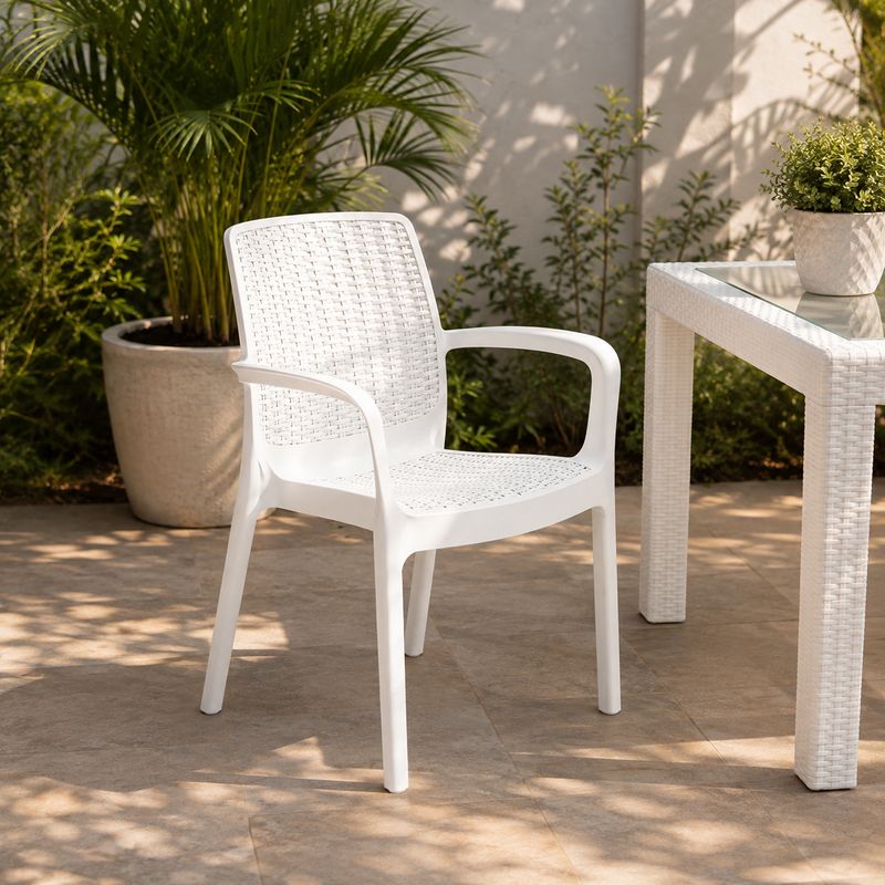 Voss Guinea Stackable Rattan-Look Patio Dining Chair with Integrated Armrests, UV-Resistant Polypropylene, Graphite