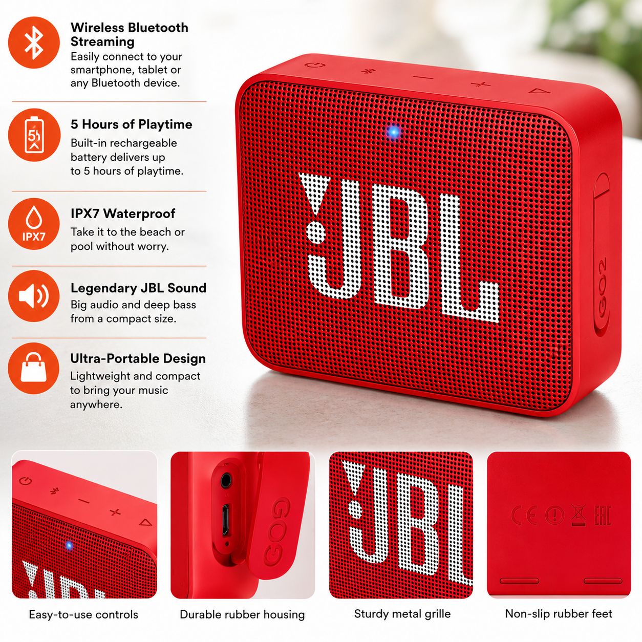 JBL Go 2 Portable Bluetooth Speaker in Red