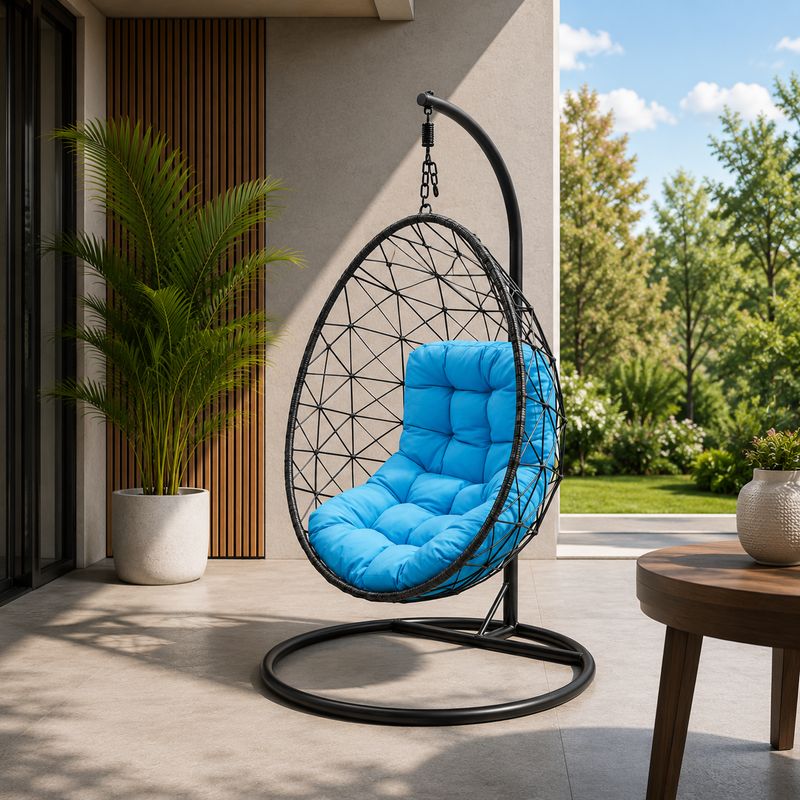 Dr.Patio Archi Swing Hanging Egg Chair – Freestanding Steel Frame, Weather-Resistant PE Wicker &amp; Removable Cushion, Black &amp; Grey Navy