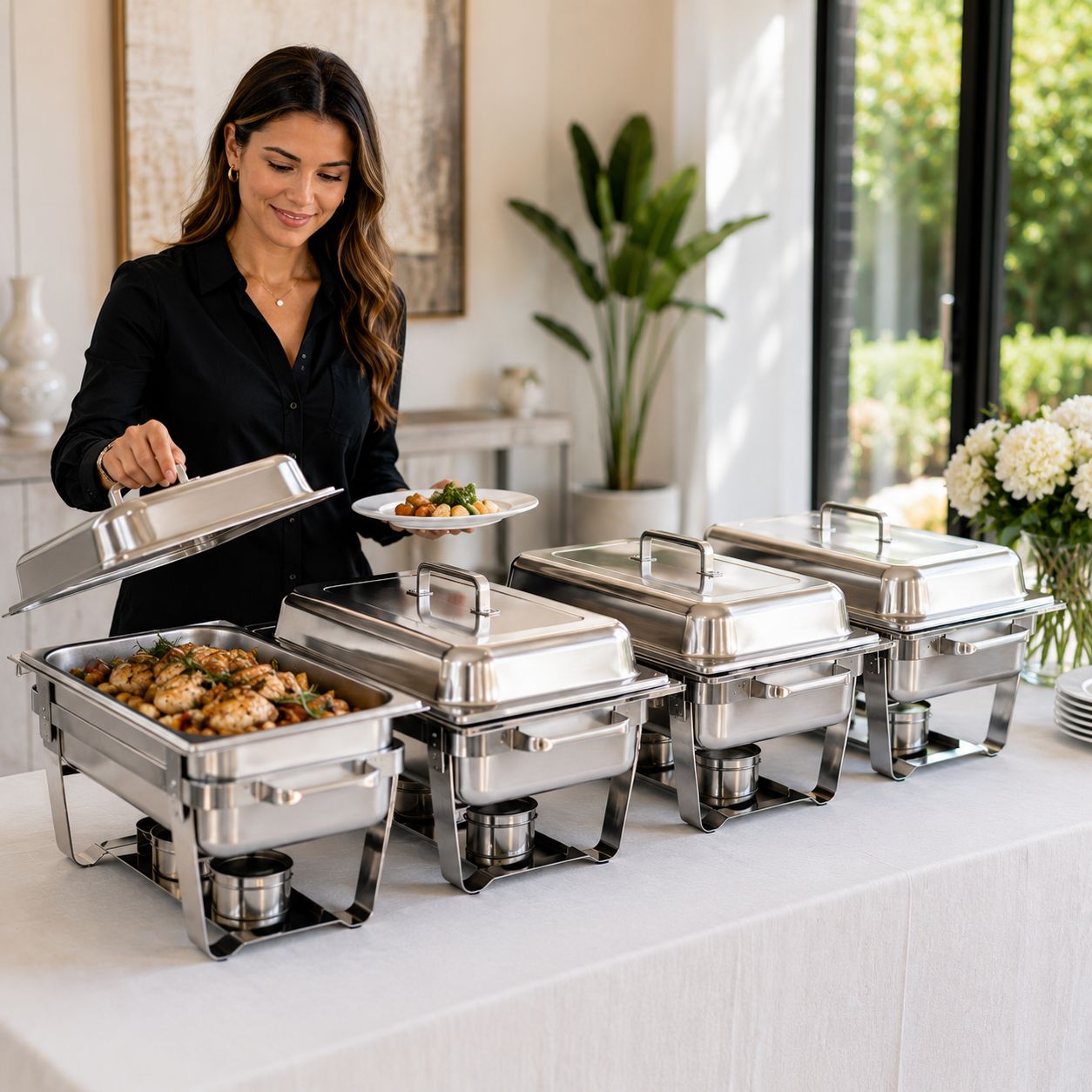 Vevor 8 Qt 4-Pack Chafing Dish Buffet Set, Food-Grade Stainless Steel, Mirror-Polished Finish, Foldable Frame (ZFXBXGSTGK4JFAAX7V0)