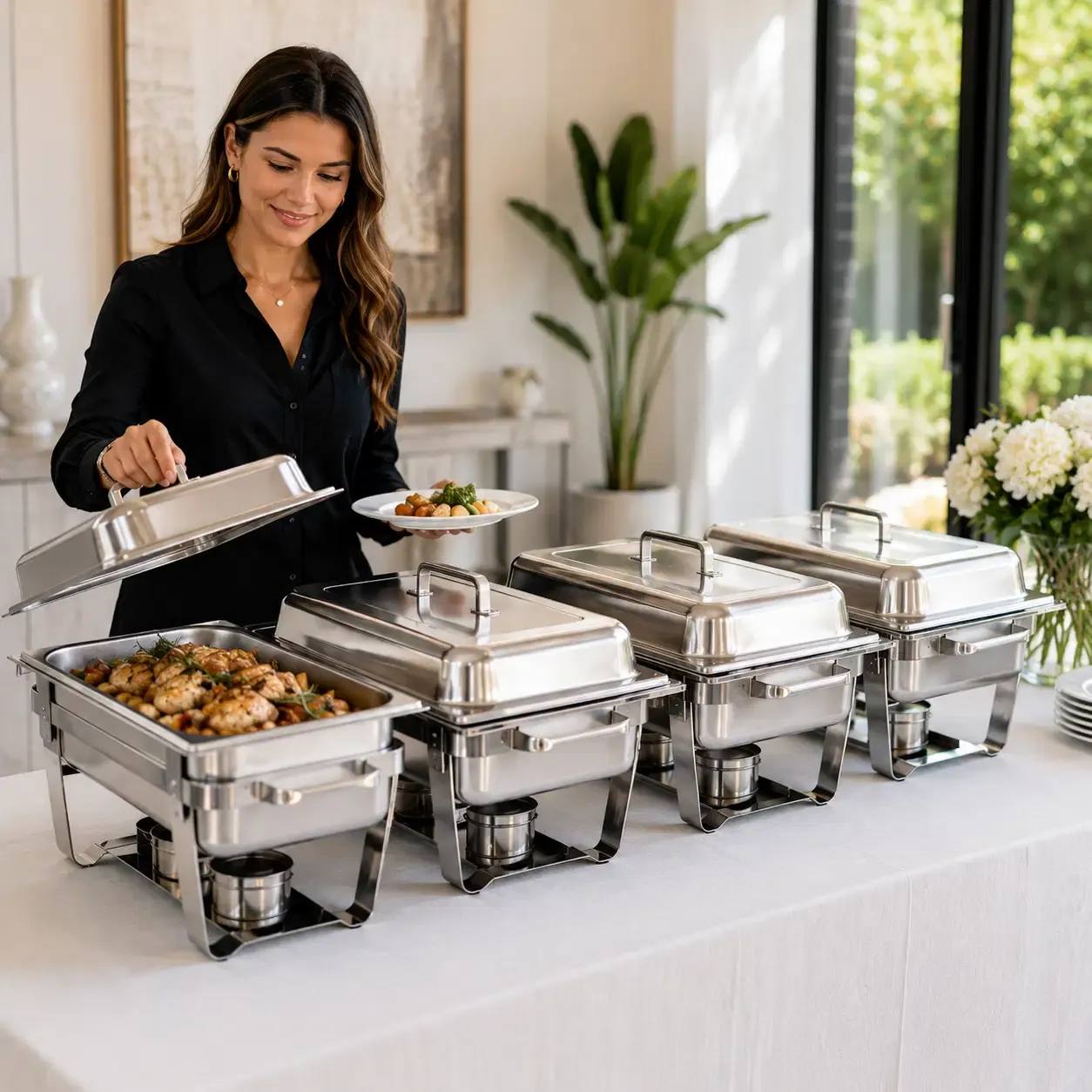 Vevor 8 Qt 4-Pack Chafing Dish Buffet Set, Food-Grade Stainless Steel, Mirror-Polished Finish, Foldable Frame (ZFXBXGSTGK4JFAAX7V0)
