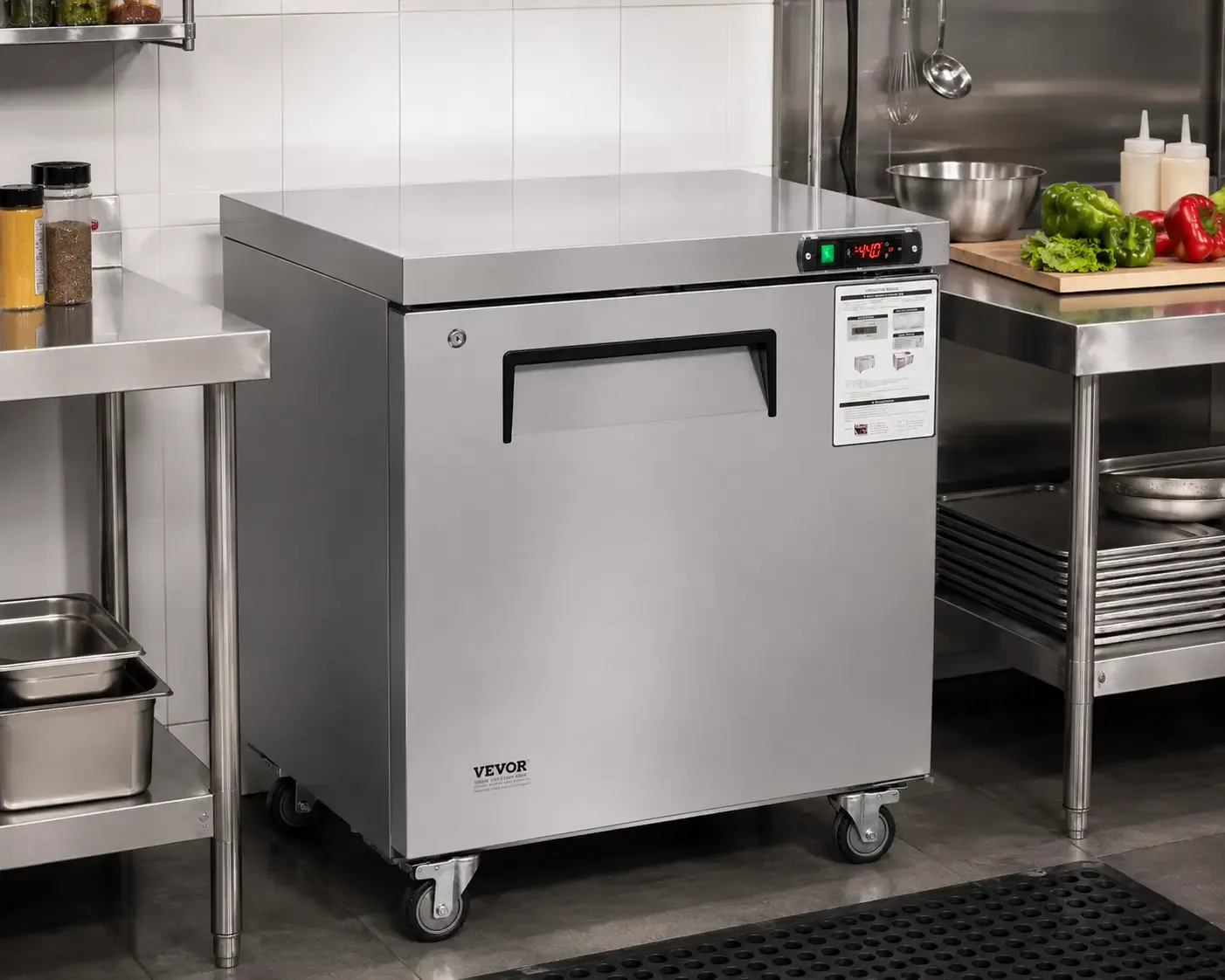 Vevor 28" Commercial Frozen Refrigerator Prep Table, 7.4 Cu. Ft. Stainless Steel with Digital Temperature Controller &amp; Automatic Defrost (FLWSLZGZT74CEX10AV1)