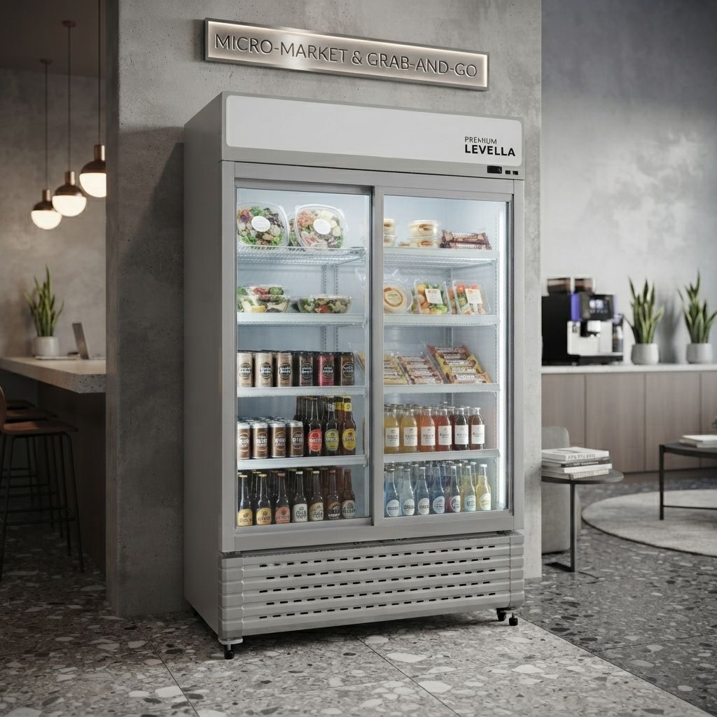 Premium Levella Upright Display Refrigerator, 35 Cu. Ft. Commercial Merchandiser with Double Sliding Low-E Glass Doors, Gray/Silver (PRN3510SDX)