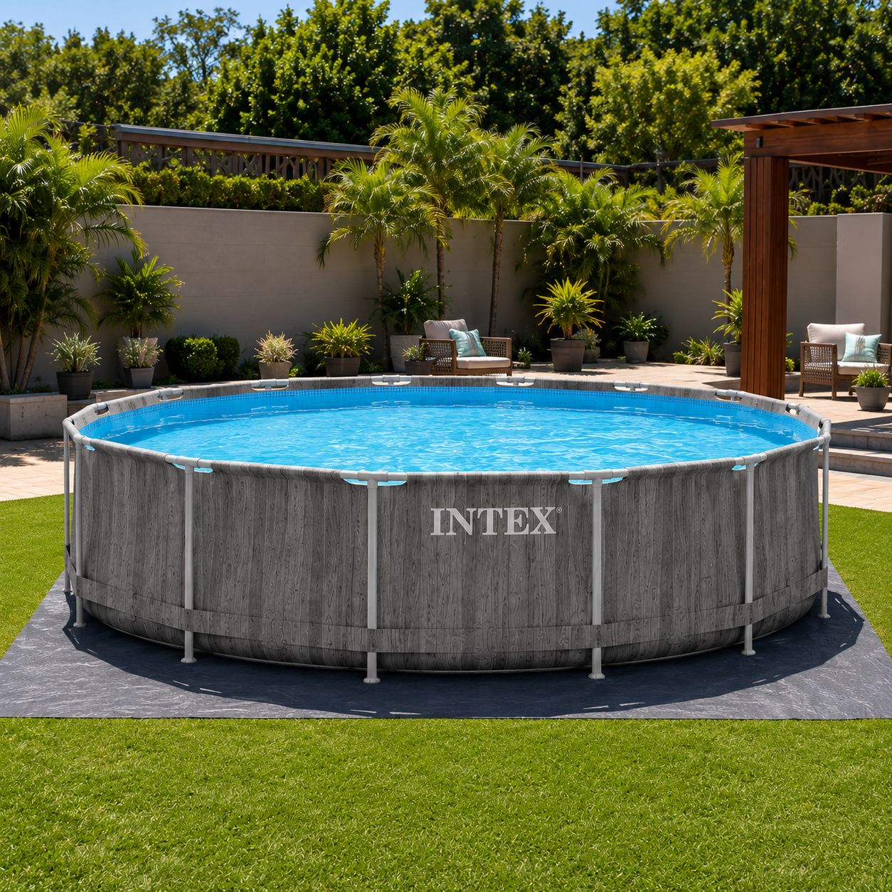 Intex Prism Frame Greywood Above-Ground Pool Set with Filter Pump, Ladder, Cover &amp; Ground Cloth - 18' x 48", 6,423 Gallon Capacity (26743EP)