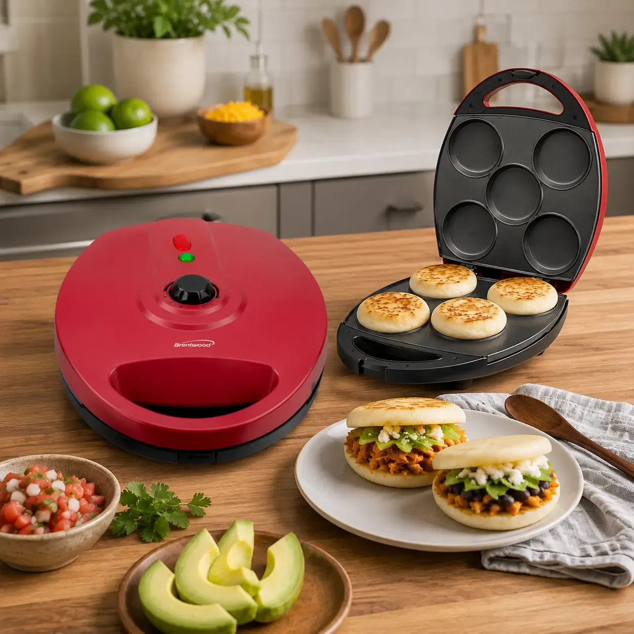 Brentwood 5-Piece Non-Stick Arepa Maker, 1200W Heating System, Makes 5 Arepas at Once, Adjustable Heat Control, Red (AR-137R)