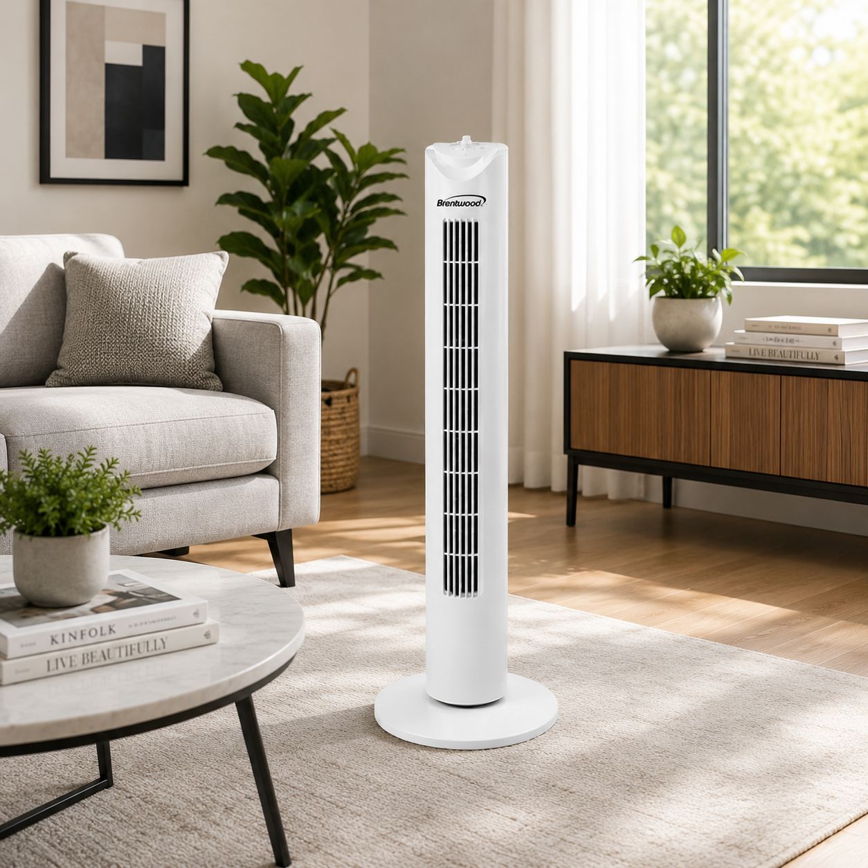 Brentwood 32-Inch Oscillating Tower Fan with 3 Speeds, 60° Oscillation, 275 CFM Airflow, 2-Hour Timer and Portable Carry Handle, White (F-32TW)
