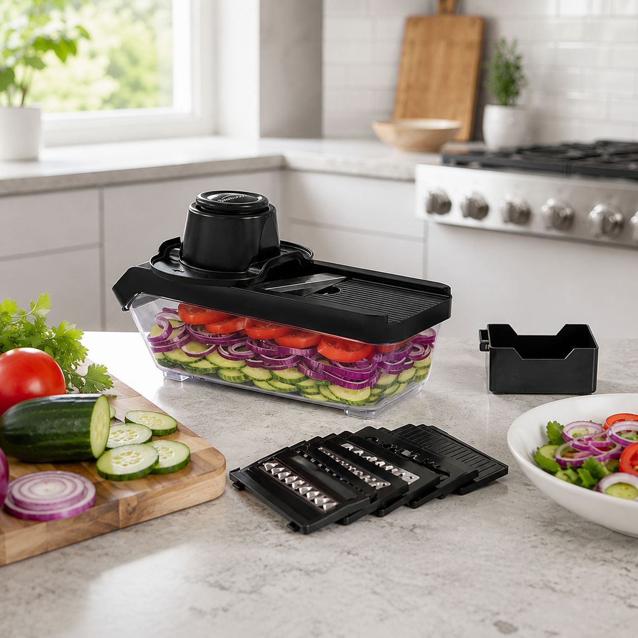 Brentwood Mandoline Slicer and Cheese Grater with 6 Interchangeable Stainless Steel Blades, 3.6-Cup Storage Container, Non-Slip Base, Black (KA-5046BK)