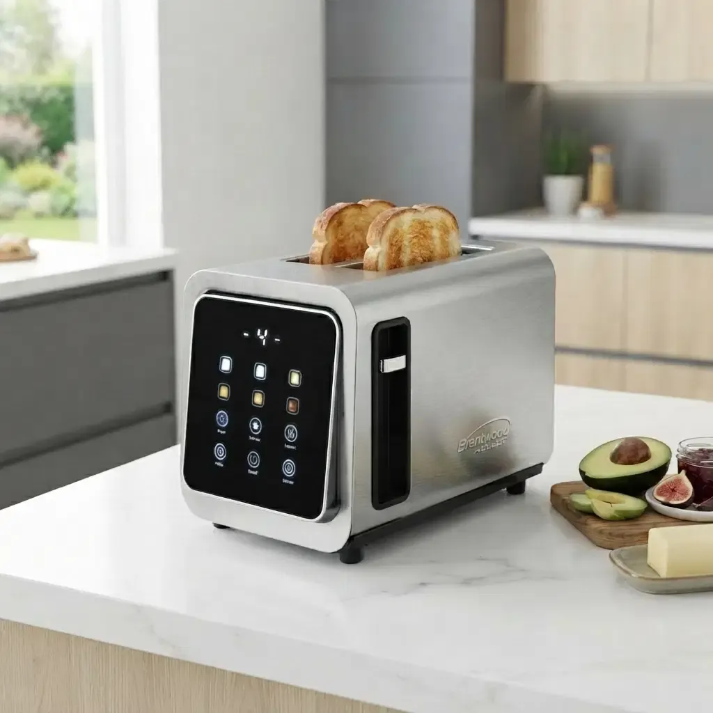 Brentwood 2-Slice Digital Touch Screen Toaster with Extra Wide Slots, 1100W, 6 Shade Settings, Bagel, Cancel, Defrost &amp; Reheat Functions, Stainless Steel (TS-228DS)