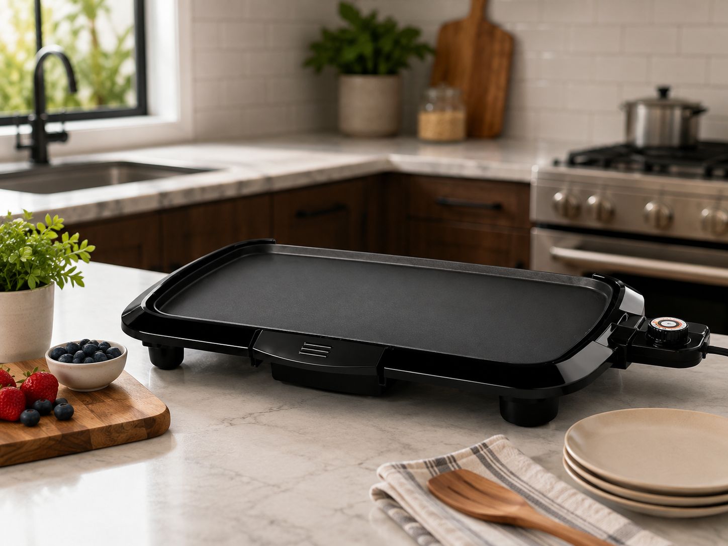 Brentwood Non-Stick Electric Griddle with Drip Tray, Adjustable Temperature, 1,400W, 16 x 10 Inch, Cool Touch Handles, Black (TS-821)