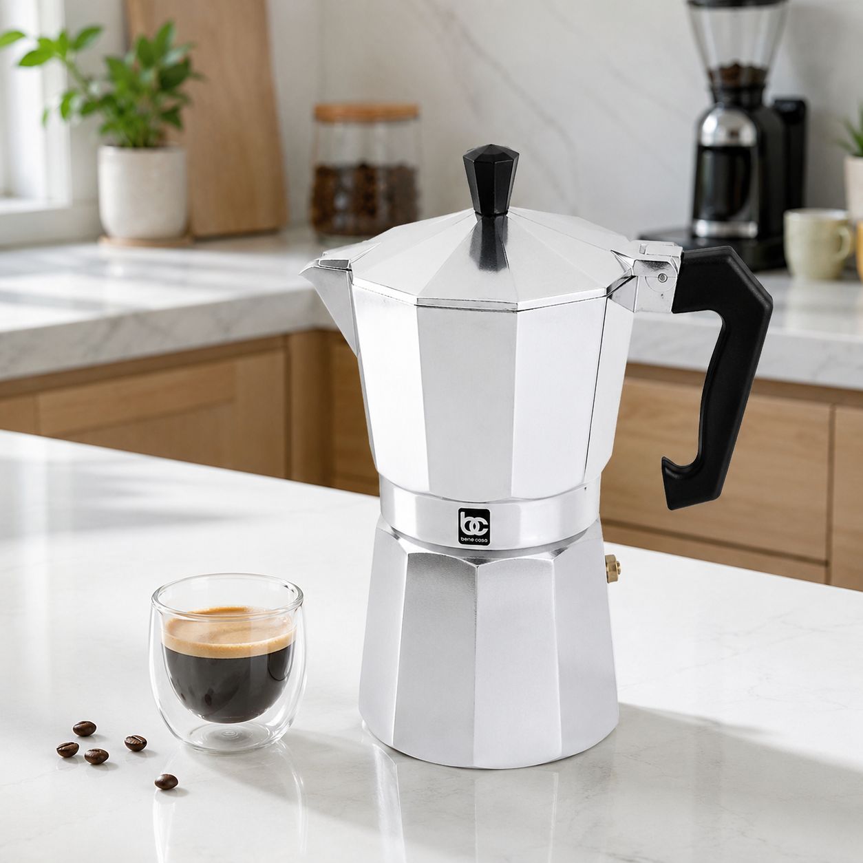 BENE CASA 6-Cup Aluminum Moka Stovetop Espresso Maker, Steam-Driven Brewing, Side-Pour Spout, Stay-Cool Handle, Gas and Electric Stove Compatible, Silver  BC-17730