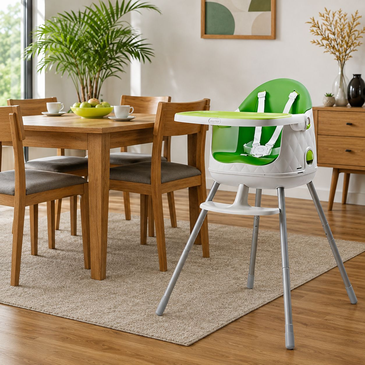 Keter Multi Dine 3-in-1 Convertible High Chair with 5-Point Safety Harness &amp; Removable Feeding Tray, White/Green (17202333 / HICH561822)