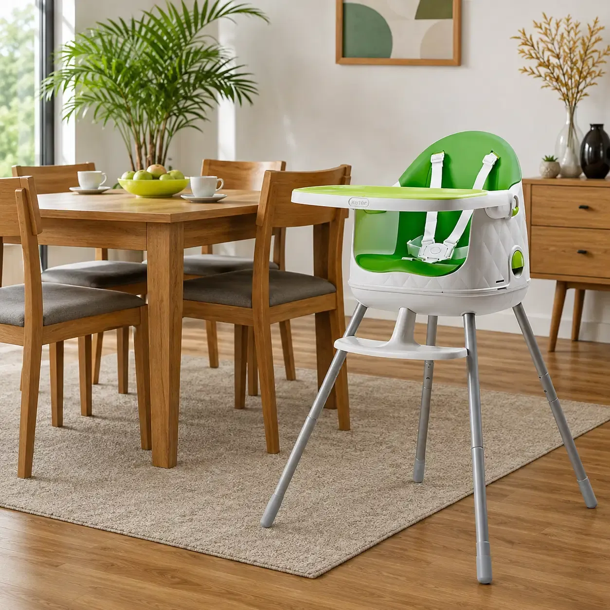 Keter Multi Dine 3-in-1 Convertible High Chair with 5-Point Safety Harness &amp; Removable Feeding Tray, White/Green (17202333 / HICH561822)