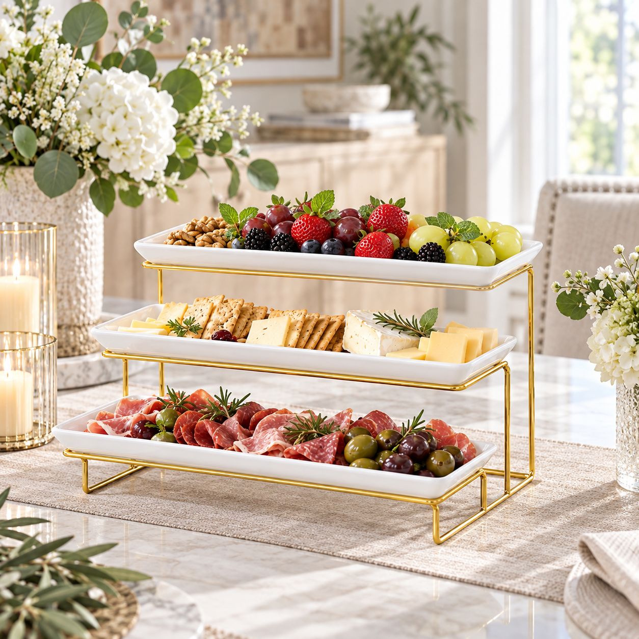 GIBSON ELITE GRACIOUS DINING 4-PIECE 3-TIER RECTANGULAR STONEWARE SERVING PLATE SET WITH GOLD-TONE METAL STAND, WHITE – MODEL 107356.04
