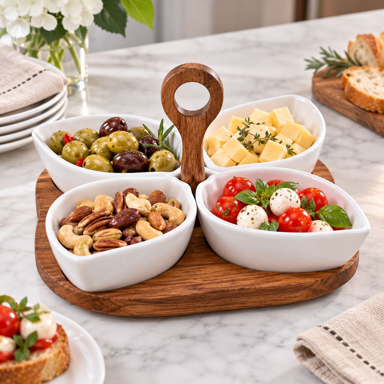 GIBSON ELITE GRACIOUS DINING 4-PIECE FINE CERAMIC TIDBIT DISH SET WITH ACACIA WOOD BASE, WHITE – MODEL 127272.04 – UPC 085081504531