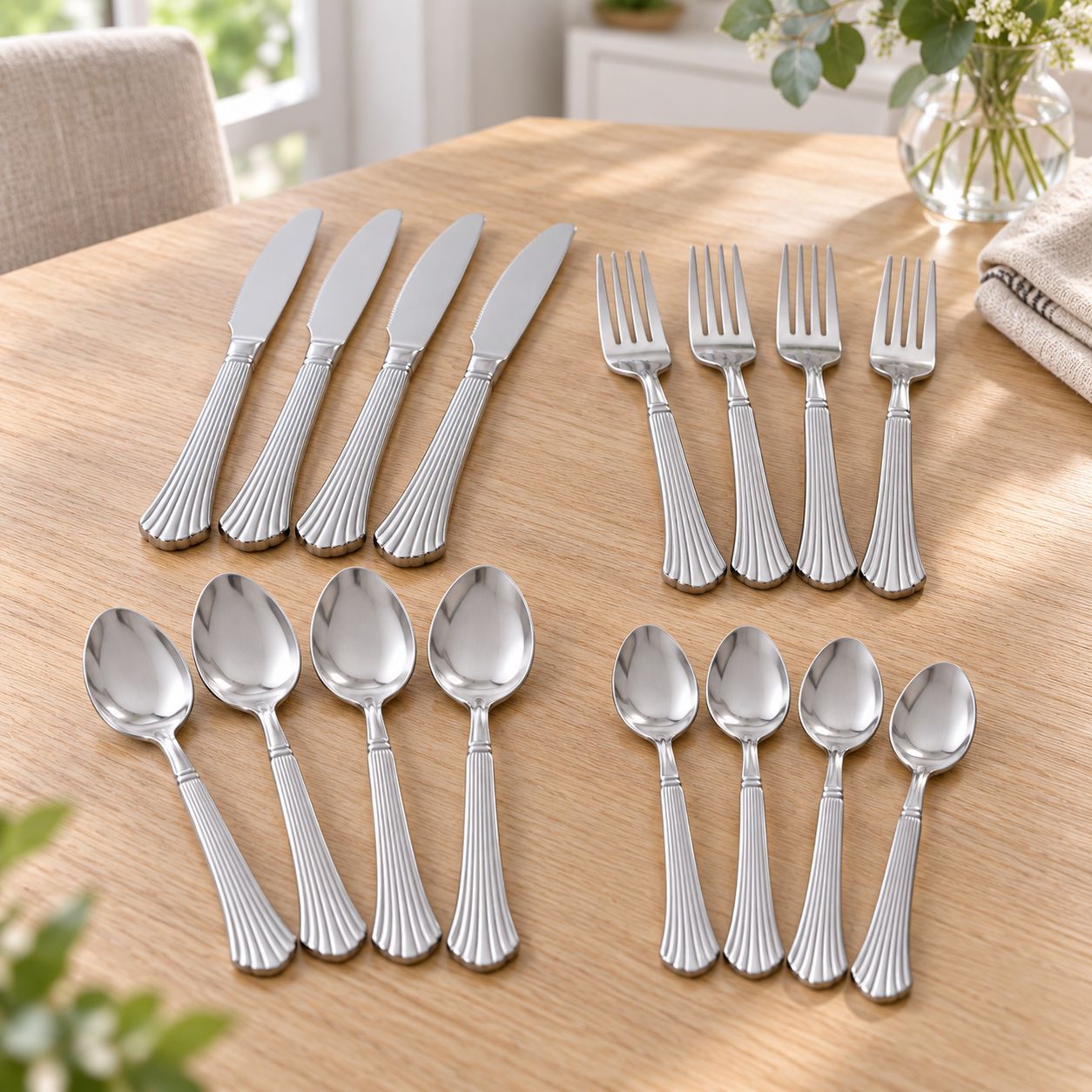 GIBSON HOME FLARE 16-PIECE STAINLESS STEEL FLATWARE SET, TUMBLE FINISH – MODEL 128673.16