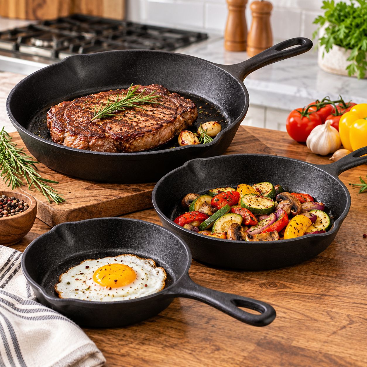 GIBSON HOME BRICKSTONE 3-PIECE PRE-SEASONED CAST IRON SKILLET SET, BLACK – MODEL 129983.03 – UPC 085081531643