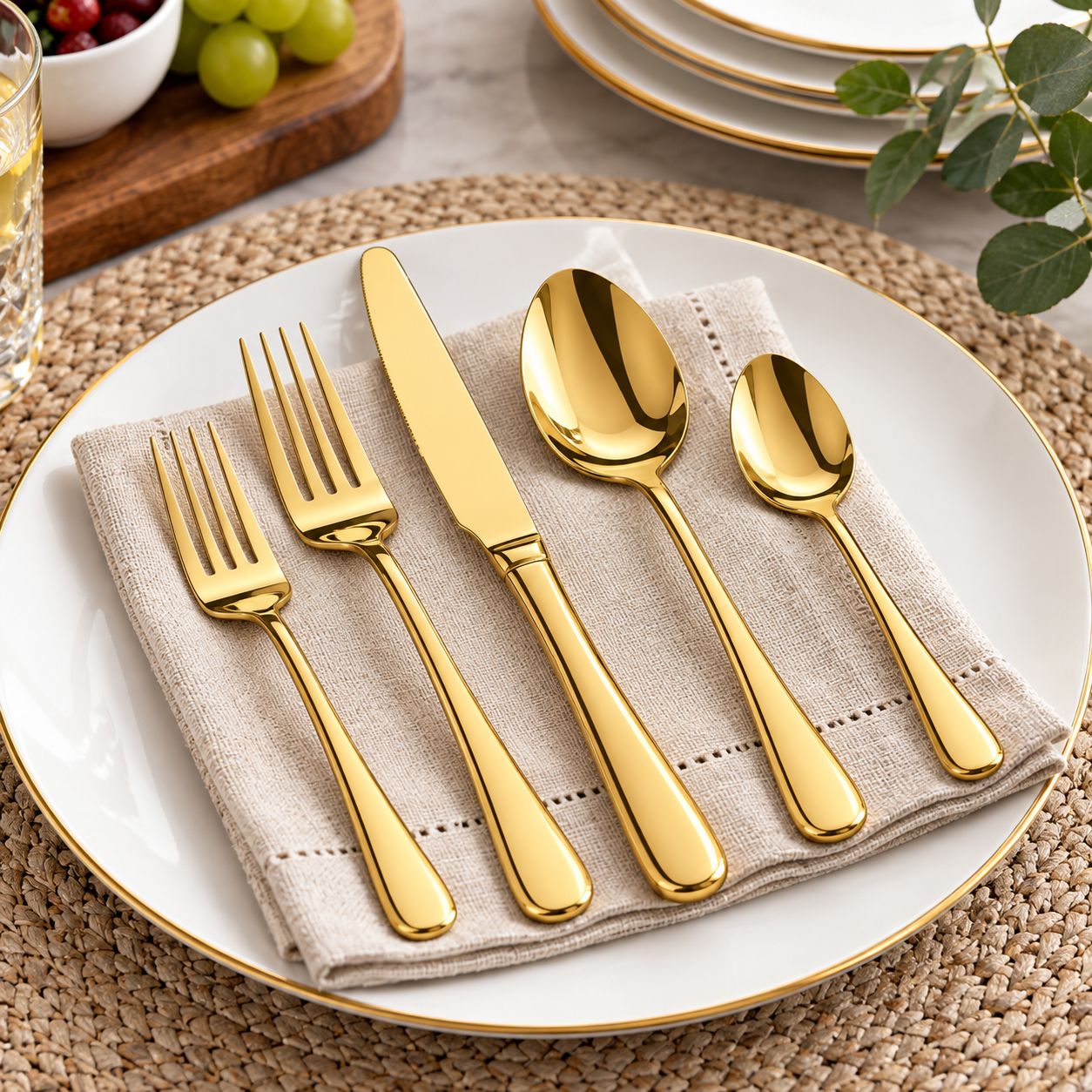 GIBSON HOME HULTON 20-PIECE 18/0 STAINLESS STEEL FLATWARE SET – GOLD POLISHED FINISH – SERVICE FOR 4 – GIFT BOX WITH OPEN WINDOW – MODEL 141503.20 – UPC 085081626158